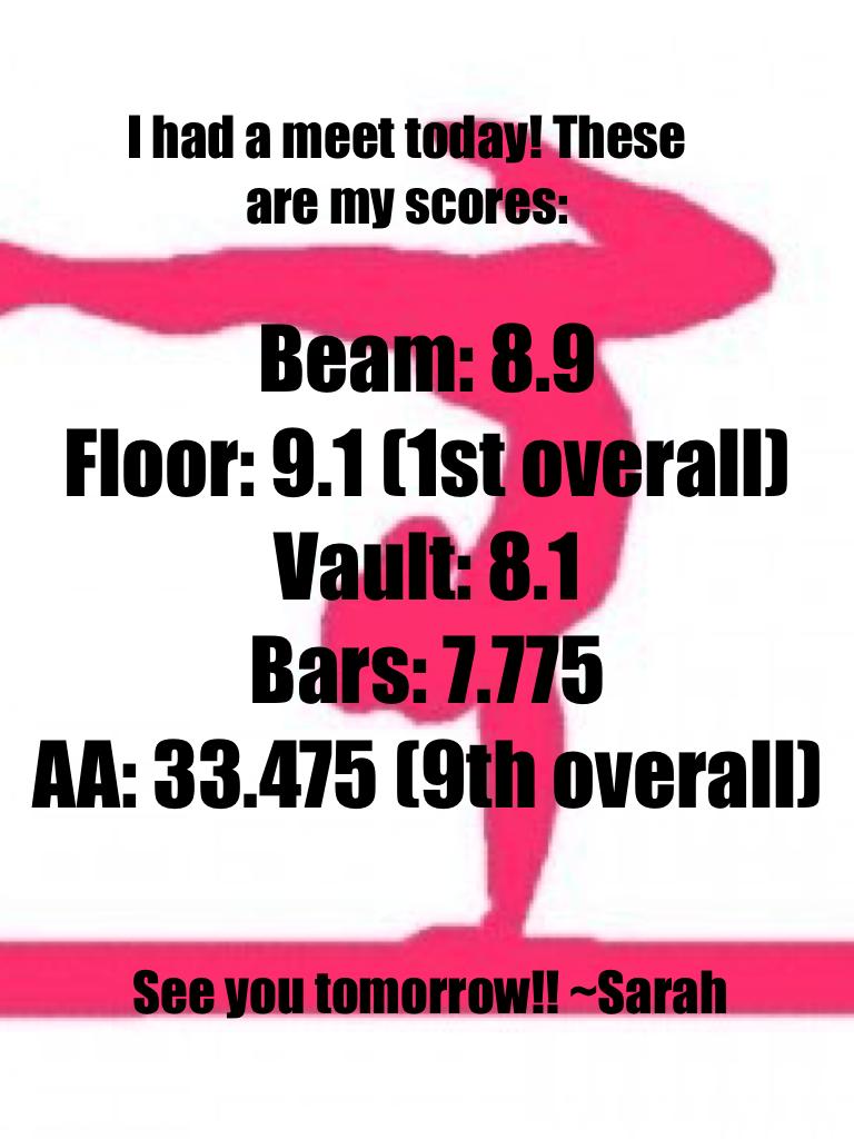 Beam: 8.9
Floor: 9.1
Vault: 8.1
Bars: 7.775