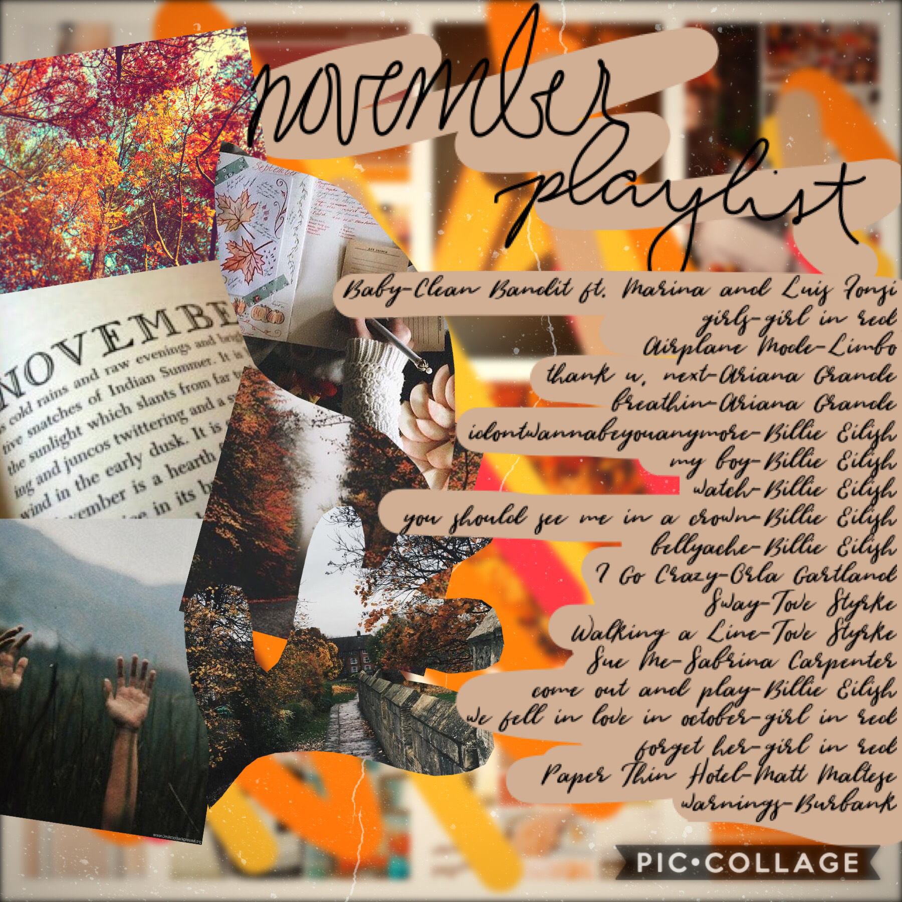 12/3/18
Here is my November playlist of songs I listened to on repeat during that month. I know there’s a lot of Billie Eilish but just let me LIVE MY LIFE!!!