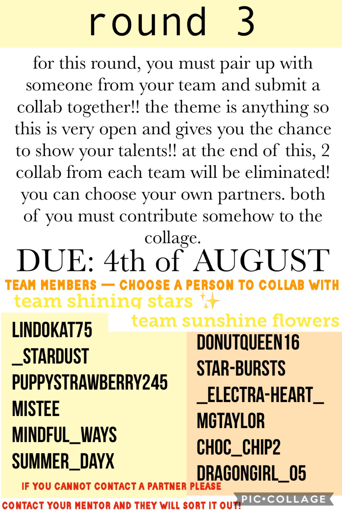 round 3 out now!! if you have trouble finding a partner, just contact meandmeonly (team shining stars) or audreyhepburn24 (team sunshine flowers) for help!