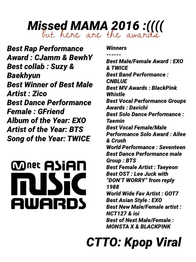 I missed MAMA 2016 but the awards are here. So proud of all of the artist who won. CTTO: KPOP Viral on FB.