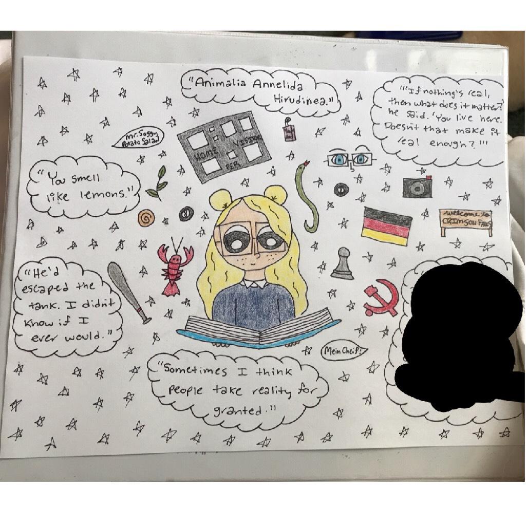 this is a drawing of the book made you up by francesca zappia (aka one of the best books ever) and this probably doesn’t make sense unless you’ve read it lol. the quote i blacked out was a spoiler lol
~emi