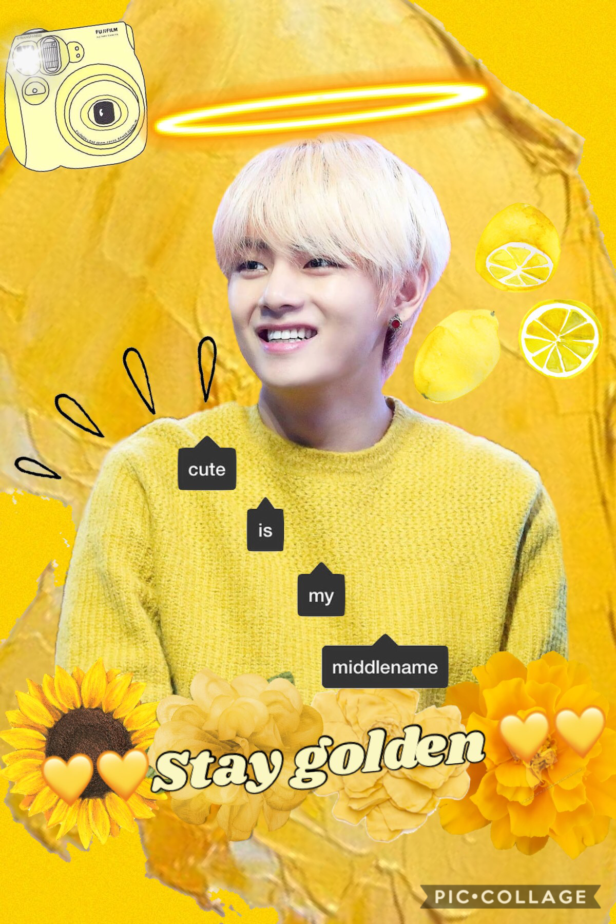 <tap>
Stay golden like tae you guys💛. 
QOTD: What is your favorite color?
AOTD: Just changed my favorite color to yellow! 🌕🌙⭐️☀️🍋💛