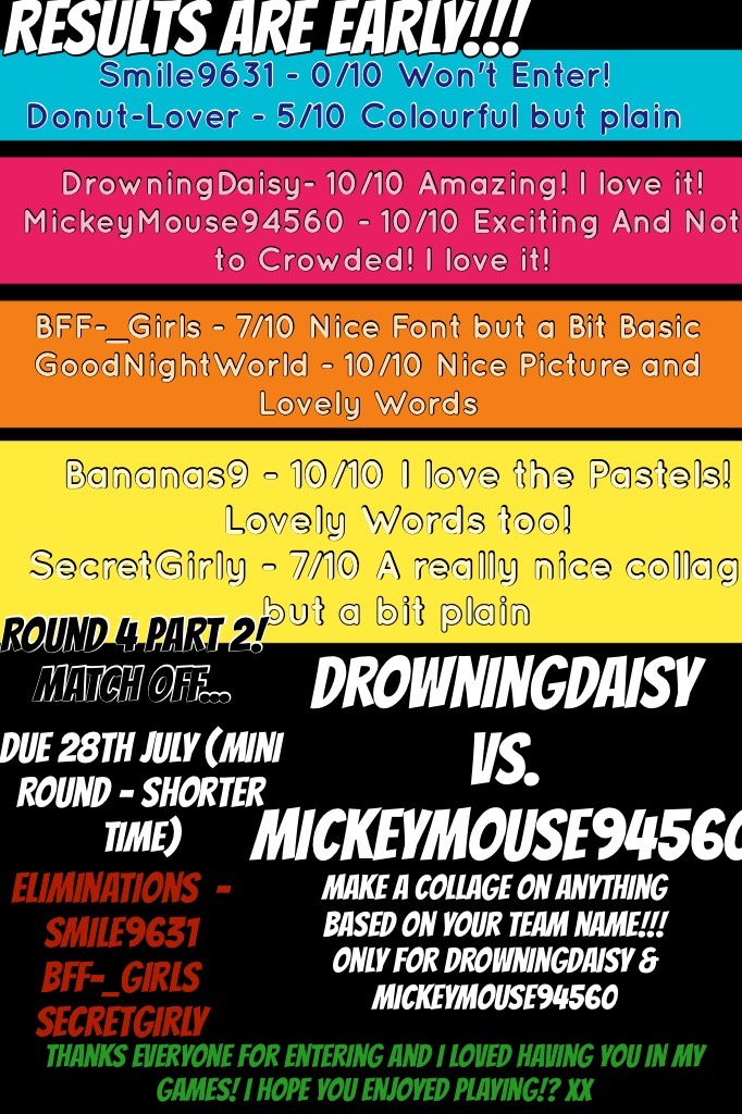 🙃 ROUND 4 : PART 2 🙃

DrowningDaisy 
VS. 
MickeyMouse94560