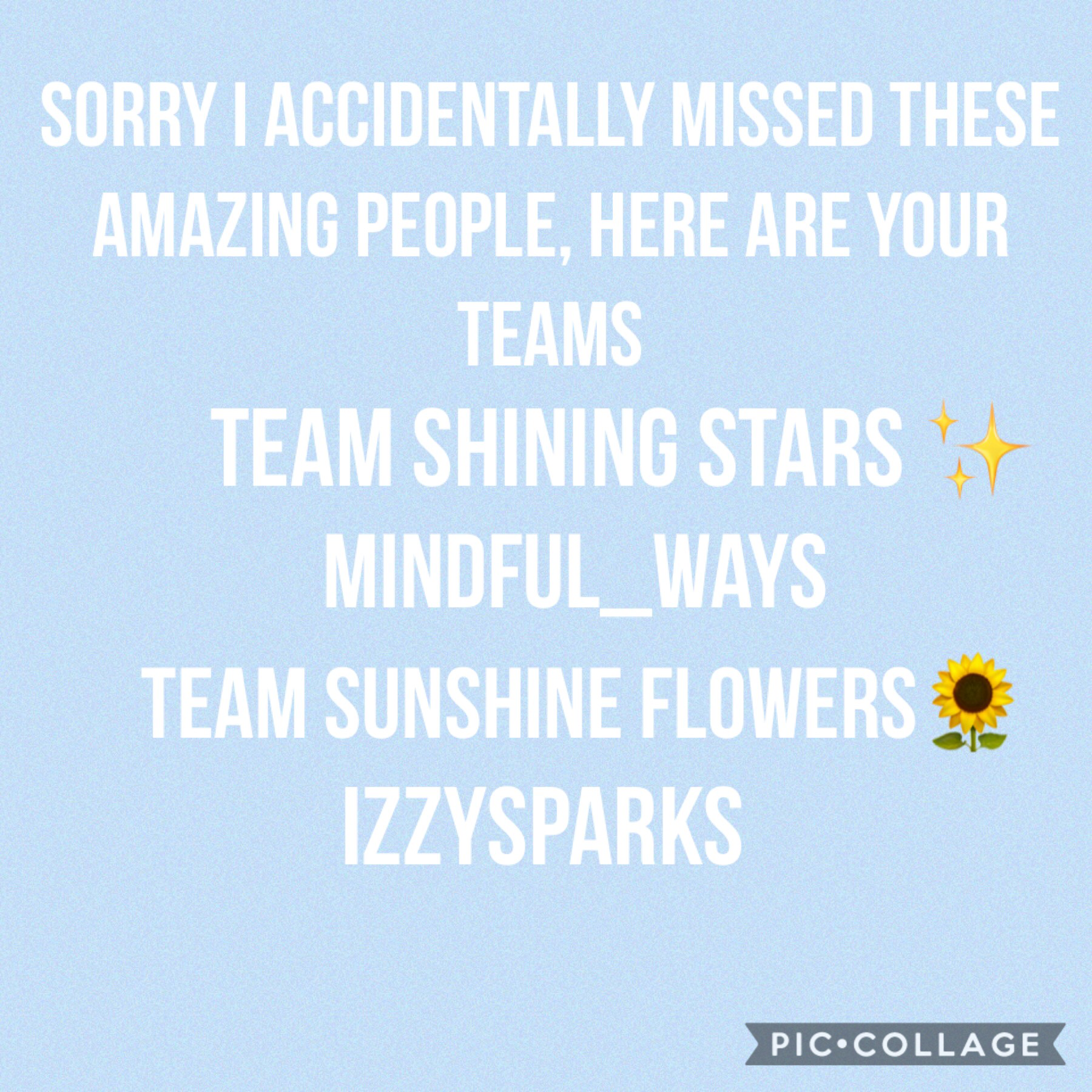 so sorry, I accidentally missed these amazing people in the teams lists, so here are your teams!!