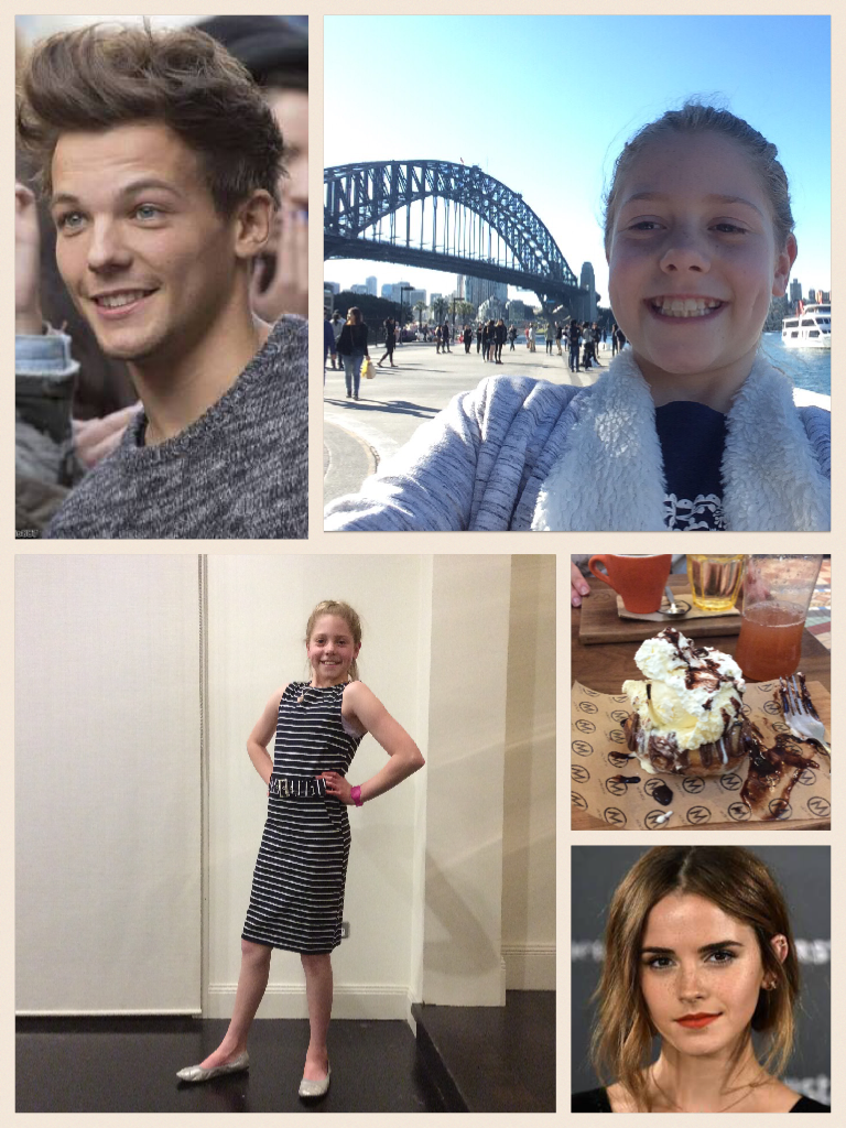 Louis, me and Sydney harbour bridge, me w my new dress, fancy dessert from Sydney and Emma Watson 