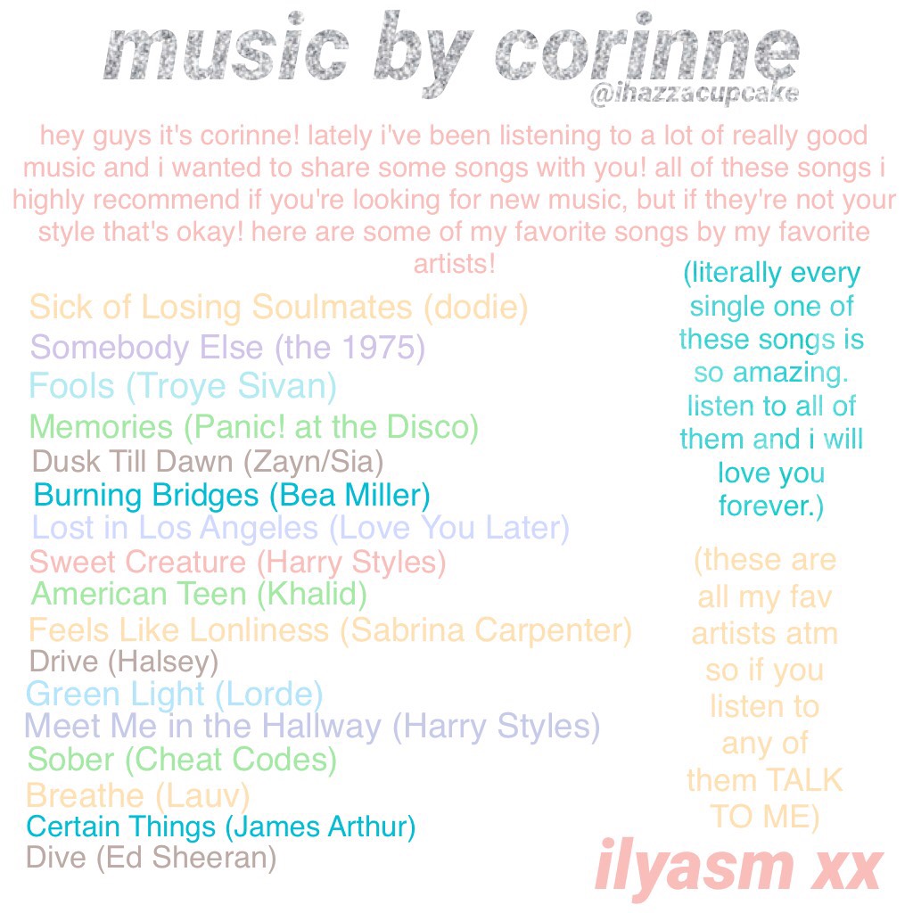 click
music is literally my life rn so here you go. TELL ME IF YOU LISTEN TO ANY!💗