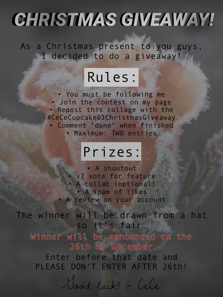 🌺🎄TAPPPYYYY🎄🌺

Yup, that's right! A contest AND a giveaway! I really wanna give back to you guys this year🎁
❗️😿NOT POSTING ANYTHING UNTIL THE DUE DATE BC OF EXAMS😿❗️