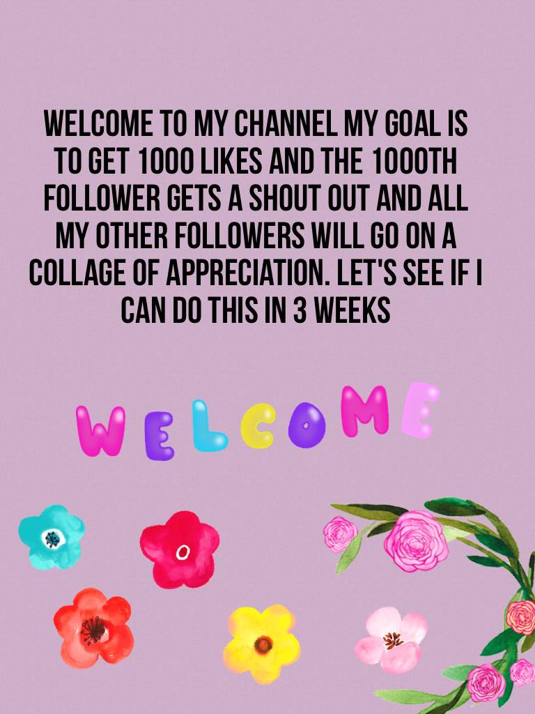 Welcome to my channel my goal is to get 1000 likes and the 1000th follower gets a shout out and all my other followers will go on a collage of appreciation. Let's see if I can do this in 3 weeks 