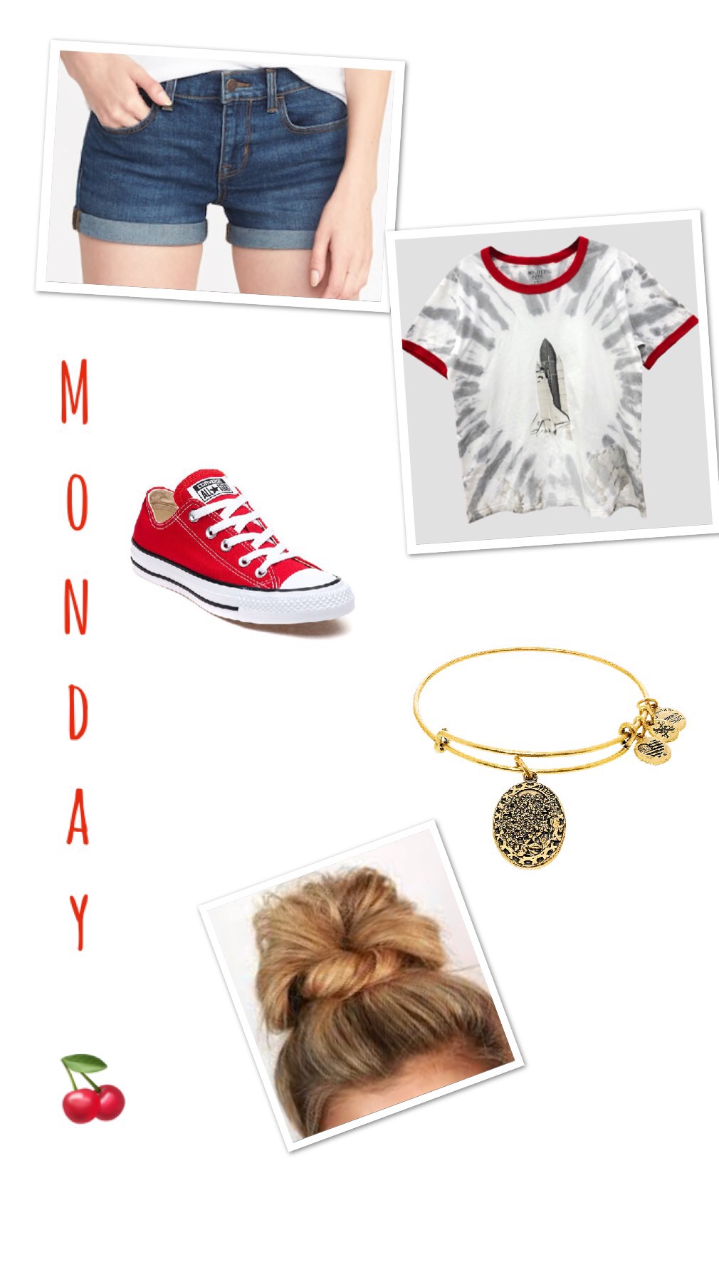 Monday🍒 shirt-target🍒shorts- Old Navy🍒 shoes-red converse 🍒hairstyle-messy bun🍒bracelet- Alex and ani daughter bangle🍒