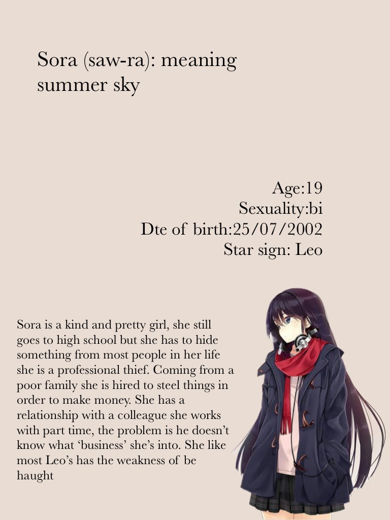 Sora (saw-ra): meaning summer sky 