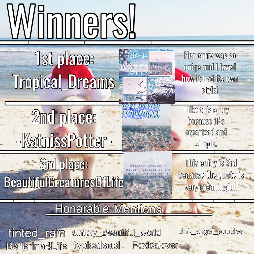 Tap for extra info
Hi!😊Shoutout to Tropical_Dreams for winning 1st place!🎉Well done to everyone else!👏👏I have given the winners their prizes but I just need -KatnissPotter- to confirm her collab!😊