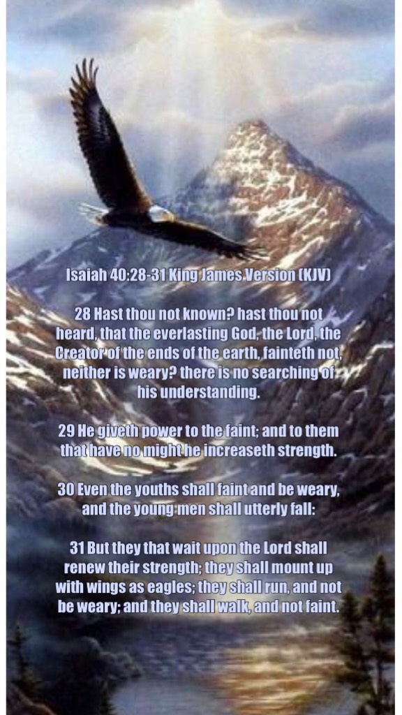 Isaiah 40:28-31 King James Version (KJV)

28 Hast thou not known? hast thou not heard, that the everlasting God, the Lord, the Creator of the ends of the earth, fainteth not, neither is weary? there is no searching of his understanding.

29 He giveth powe