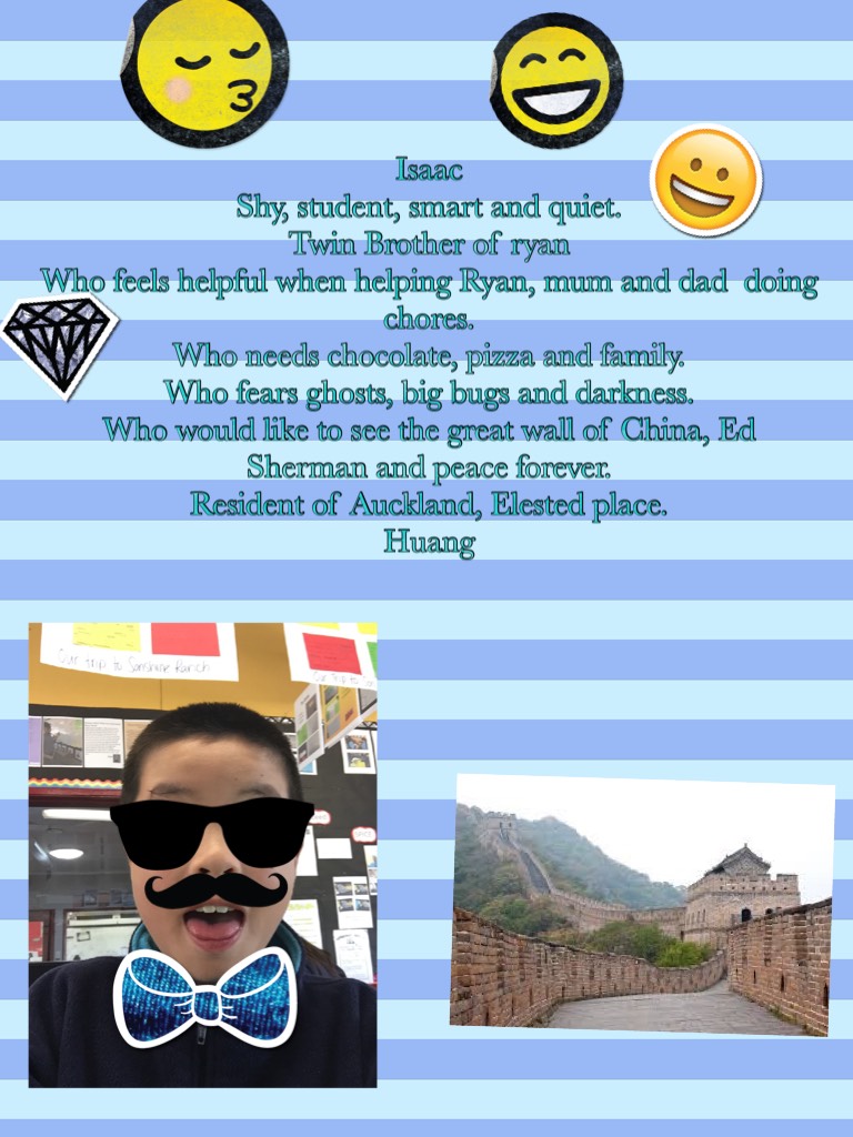 Isaac
Shy, student, smart and quiet. 
Brother of ryan
Who feels helpful when helping Ryan, mum and dad when doing chores.
Who needs chocolate, pizza and family.
Who fears ghosts, big bugs and darkness.
Who would like to see the great wall of China, Ed She