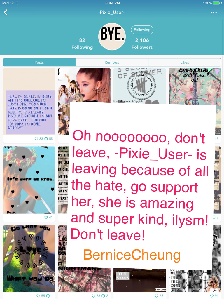 Oh noooooooo, don't leave, -Pixie_User- is leaving because of all the hate, go support her, she is amazing and super kind, ilysm! Don't leave!