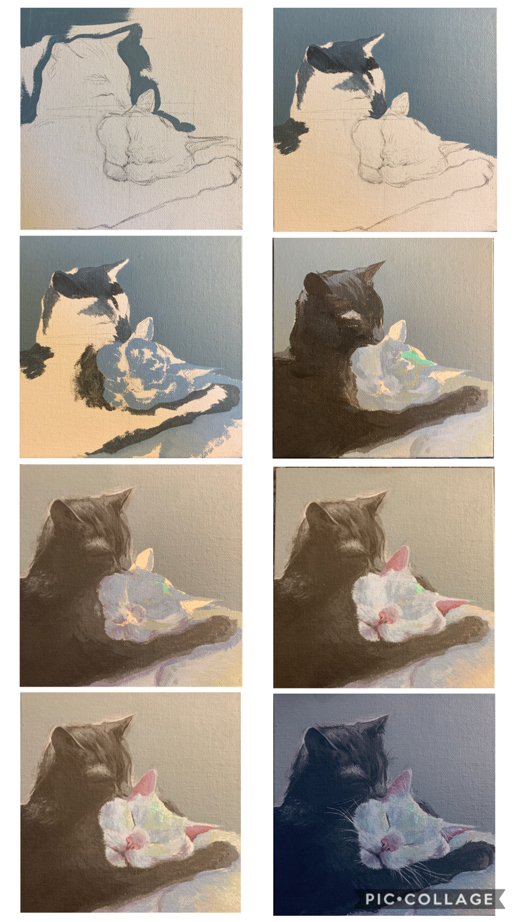tap
here’s the process of a painting I did today of some kittens. I haven’t had much time to paint lately so this felt really good. 
My lighting es no bueno but the final image is edited so the colors look more like the real thing. 
I’ll remix a larger pi