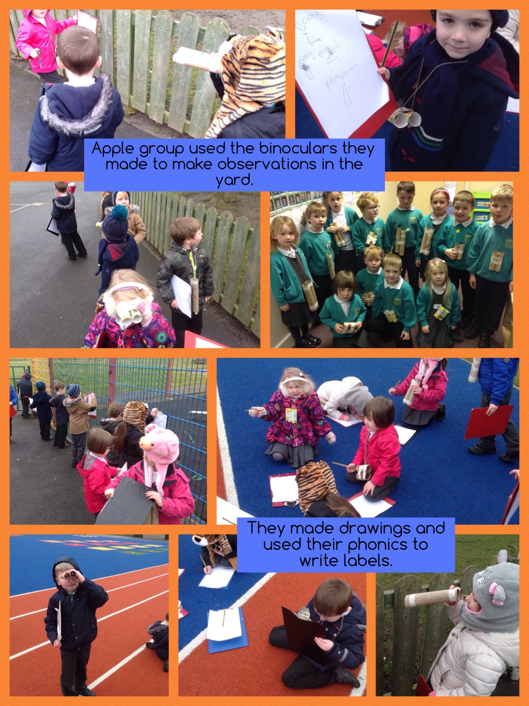 Apple group used their binoculars to make observations in the yard. #GoGreenfields #EYFS