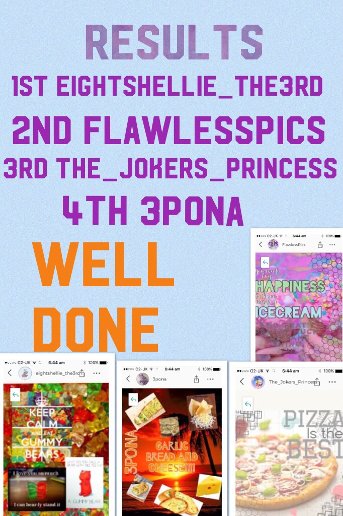 Well done everyone it was so hard to choose it took an hour!!! Plz enter my next competition xx