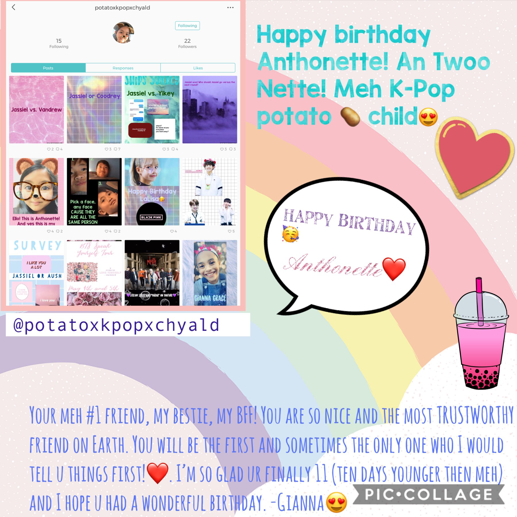 🥳Tap🥳
For: An Twoo Nette Nicole Guillermo! ❤️hope u ❤️ed meh gift 💝. You are so trustworthy! Gr8 job becoming 11! Ur birthday is 10 days after mine😂. Well, hope u had a happy birthday. Make sure to follow her (in the collage)😍