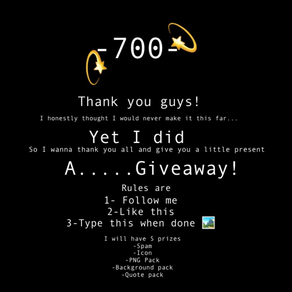 💫Tap this frends💫
OAKSNSNSN 700!???? 
WORDS CAN NOT EXPRESS HOW HAPPY AND THANKFUL I AM THANK YOU.
THIS IS MY FIRST GIVEAWAY SO....THIS MAY NOT WORK 0.0