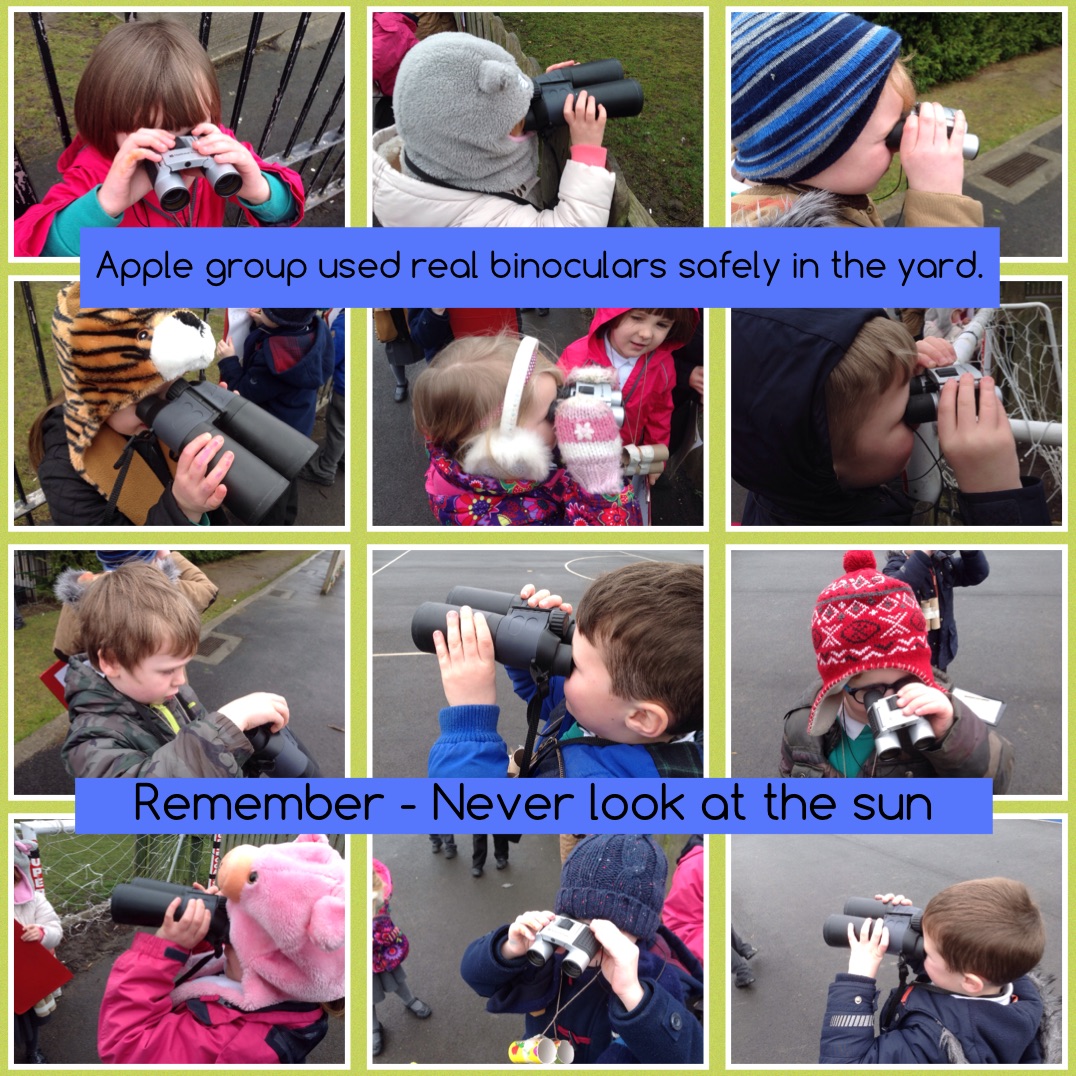 Apple group used the real binoculars safely. We know to never look at the sun. #GoGreenfields #EYFS 