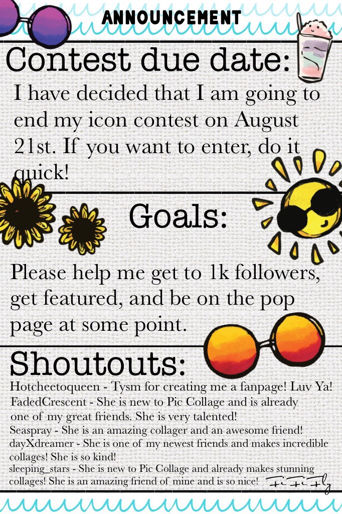 ✨✨click click click✨✨
Please enter my icon contest!❤️
Also, please help me complete my Pic Collage goals!😊
Go follow everyone in my shoutouts because they are all amazing and deserve all the love in the world!💞