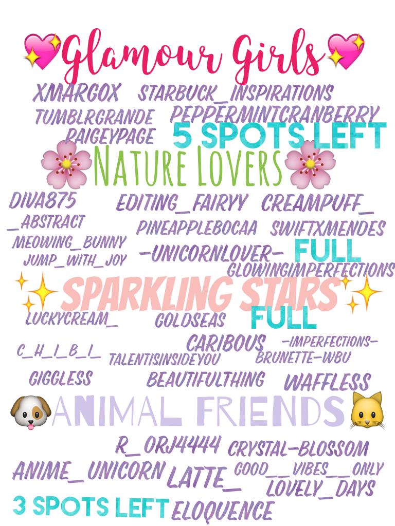 Team 🌸Nature Lovers🌸 and team ✨SparklingStars✨ are full! We have 7 spots left so sign up quickly or the spot will be gone!💖