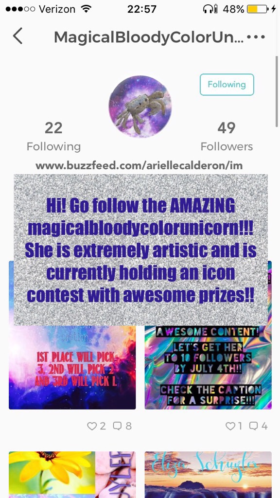 Hi! Go follow the AMAZING magicalbloodycolorunicorn!!! She is extremely artistic and is currently holding an icon contest with awesome prizes!!