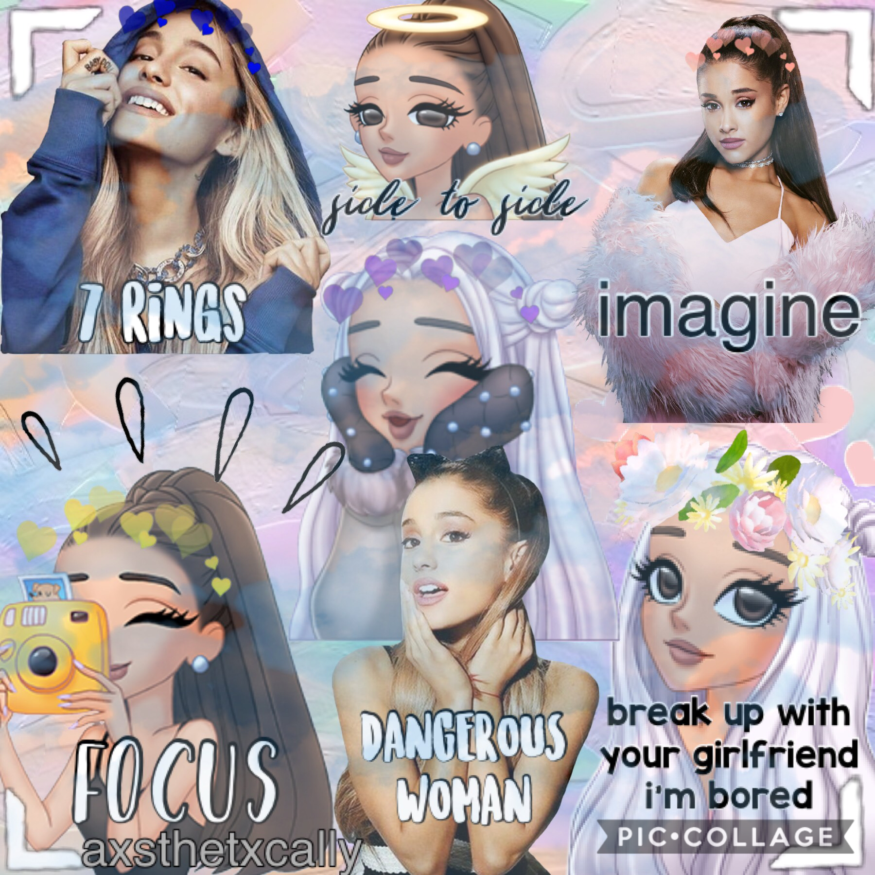 {TAP}
I’m not much of a fan or Ariana that I stan her and talk about her 24/7, but I like some of her songs and I like this collage so 😅