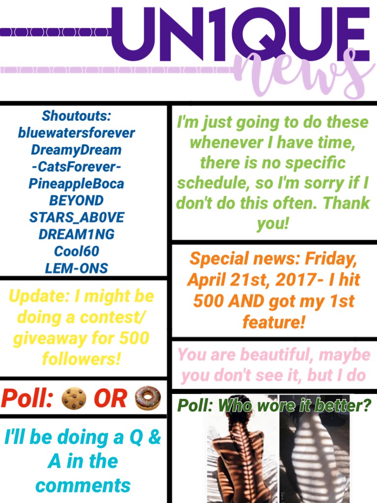✅TAP✅
💕Yayyy! My first news! Hope you liked it!💕
😘Comment "🌹" if you read all of it!😘
Tell me what you think I should add, answer the polls and ask Q's for my A's!
Omg I'm so cringy...😂