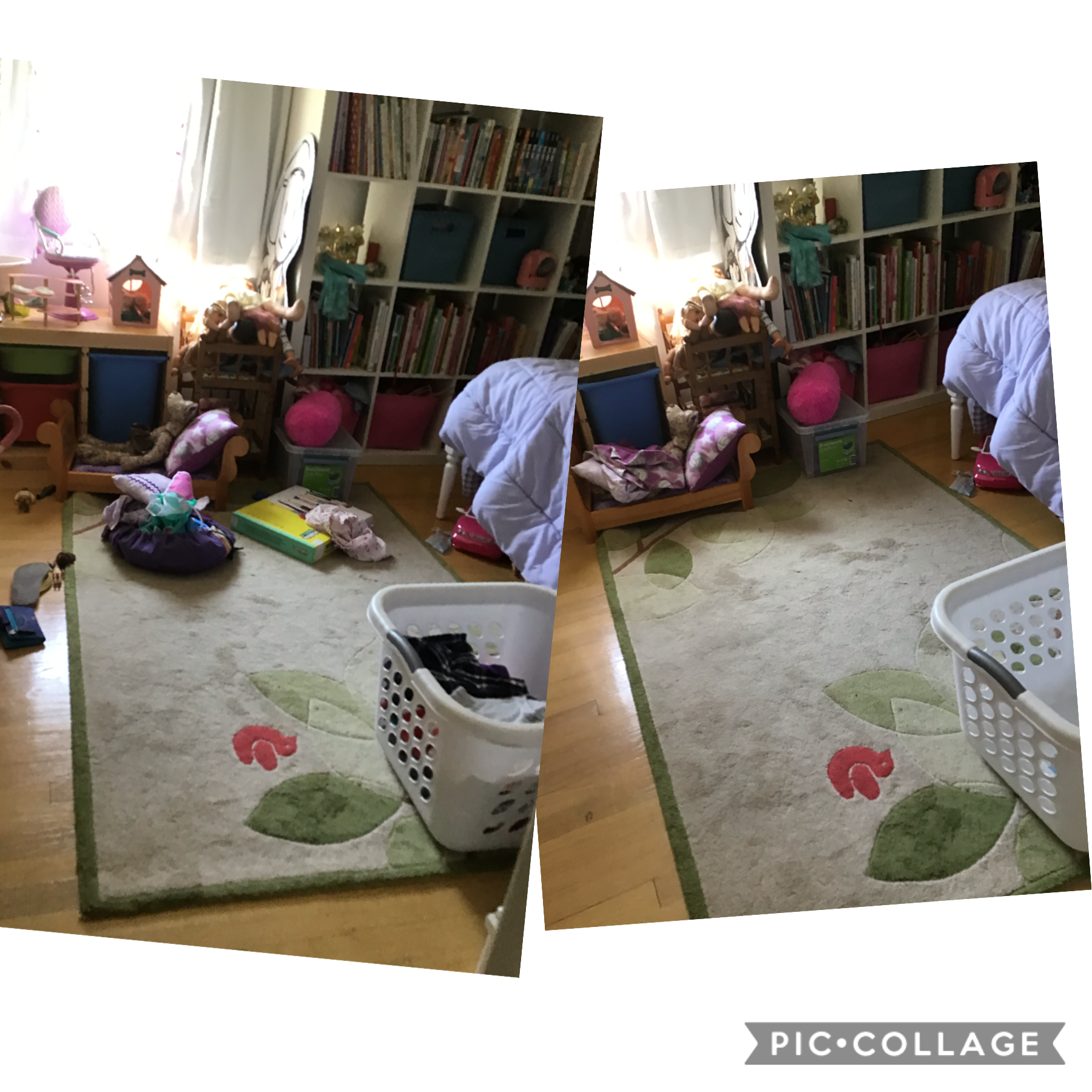 Cleaning Georgia’s room for $20. Before is on the left, and after is on the right.