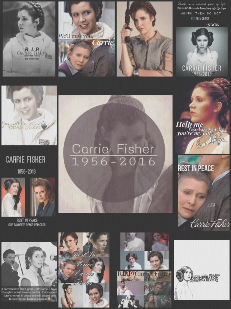 My version of a memorial collage: a compilation of the best Carrie Fisher memorial collages from the people I follow: ANewHope1110, _Obviously-Anakin_, Fangirling_Nerd, MackenZie123, lacrosse4ever, TheBrightestWitchOfHerAge, SGCzubaj, Beautiful-Fangirl, L