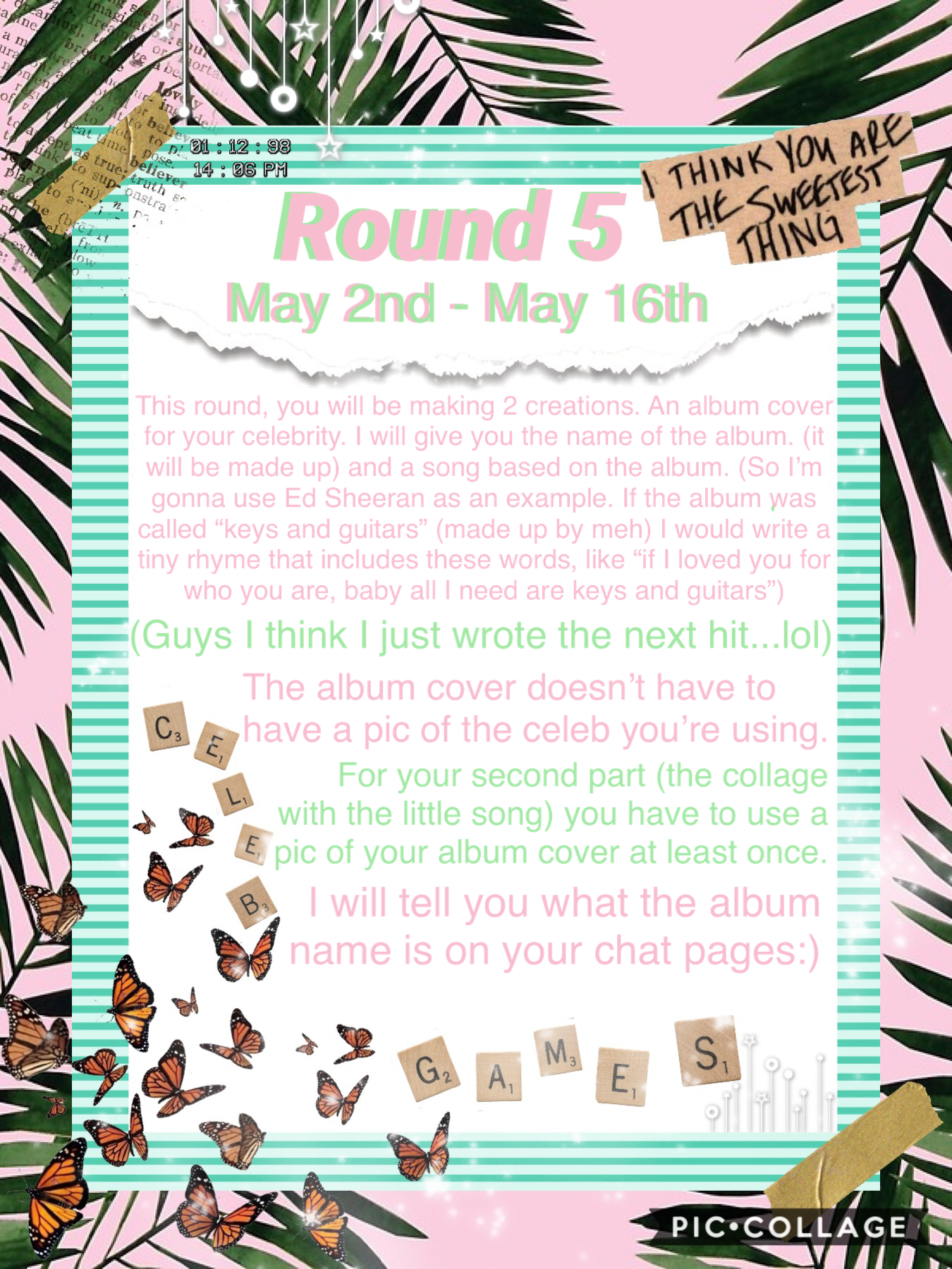 🚨‼️⚠️IMPORTANT TAP⚠️‼️🚨
So there’s round 5! Best of luck on it:)
Since you have two tasks, I’m giving you
two weeks:) I can’t wait to see your two entries!
Chat pages will be out very very very soon!