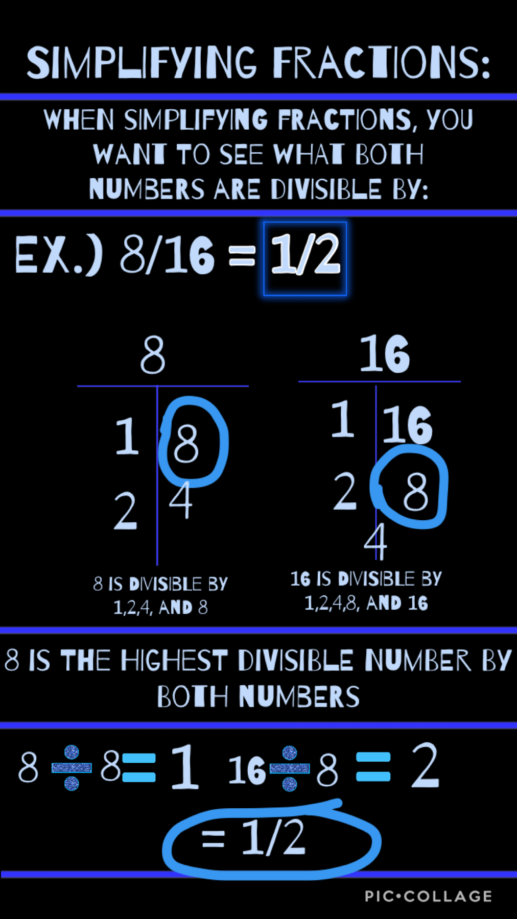 Here’s a lesson on simplifying fractions! If the both numbers biggest divisible number is 1, you can’t simply it (it’s all the way simplified).  Later today I’ll do an example with bigger numbers, so you get the idea of how to do all numbers!  Thx guys, l