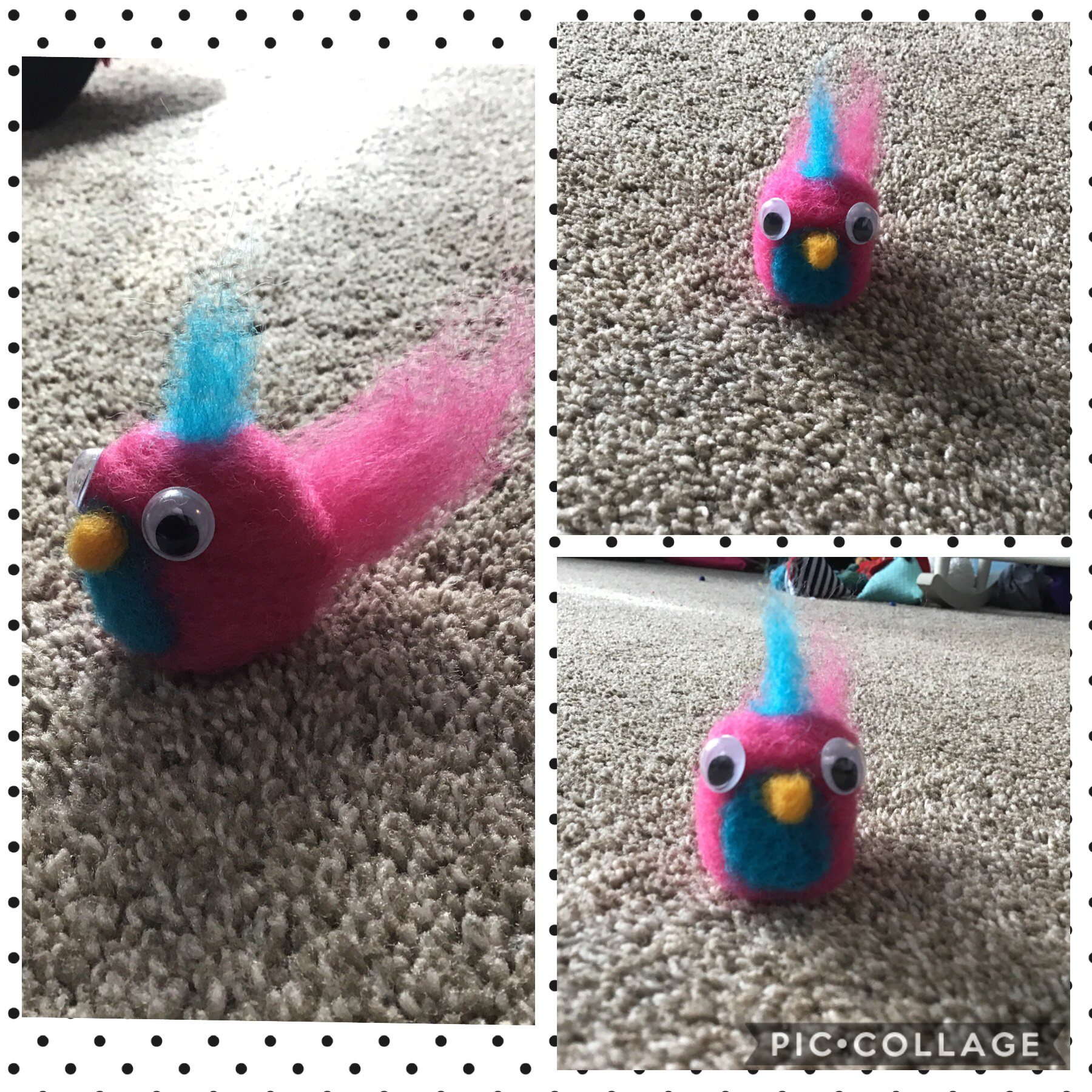 So I made this, it’s a felted bird, and it looks like a character off Trolls movie 😜