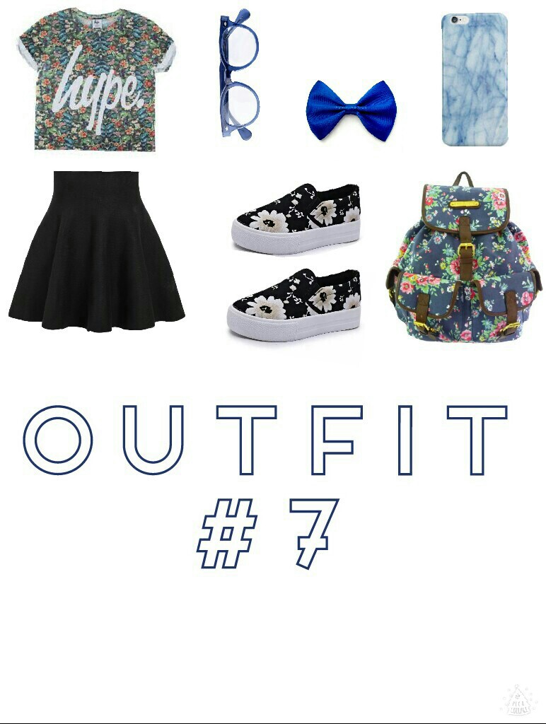 OUTFIT #7
hype flower crop top blue black white backpack glasses bow iphone case skirt