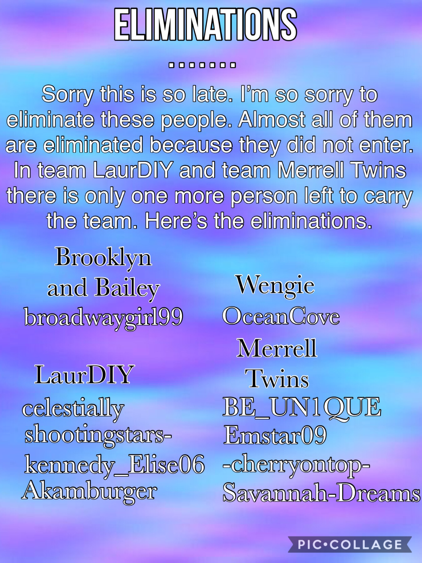 Eliminations! Sorry this is so late. Please forgive me if I had to eliminate you. Round to will be posted shortly.