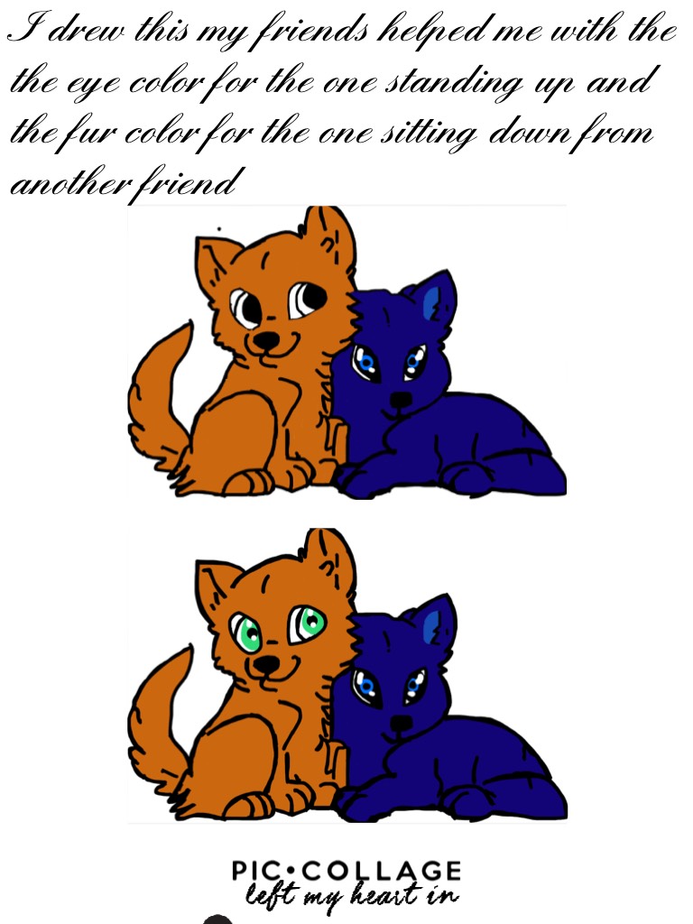 I drew this my friends helped me with the the eye color for the one standing up and the fur color for the one sitting down from another friend