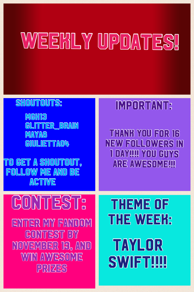 Weekly Updates! (Click)
Happy Sunday everyone!!! Taylor Swift won Fandom of the Week, so I'll be posting a Swift post everyday. 

Don't forget to enter my fandom contest for awesome prizes!!! 💗