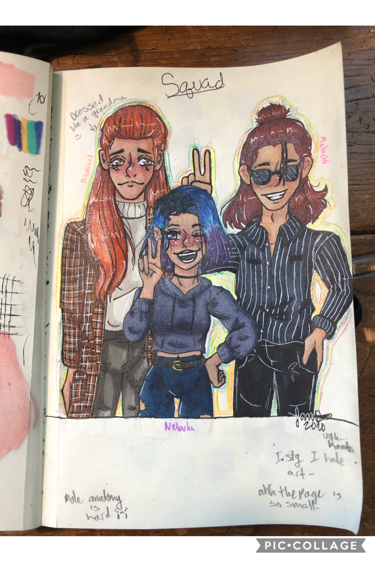 Tehe here’s a drawing I did of my and Elisza’s ocs :) the two guys, Malachi and Raphael, are her ocs and the girl, Nebula, is my oc :)))