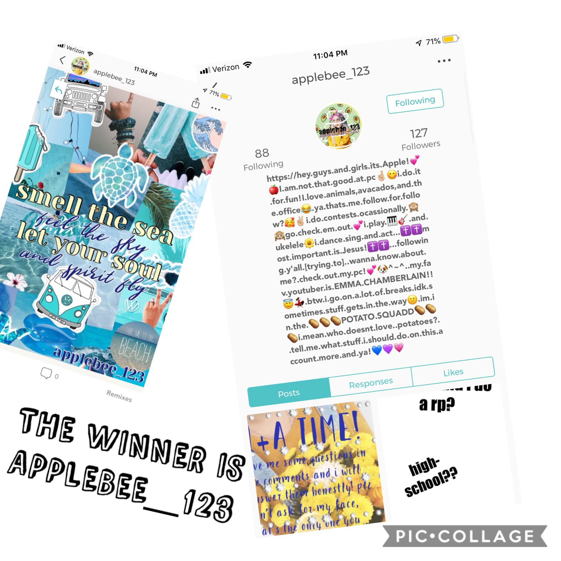 TAP
We decided since like no one was joining we would just pick our favorite and end this. Applebee_123 is the winner!! Congrats!🎉EVERYONE WHO WAS ACTUALLY IN THE CONTEST DID GREAT 💚❤️ SRY IT DIDNT WORK OUT AS PLANNED PEOPLE WHO ACTUALLY JOINED. MAYBE WE 