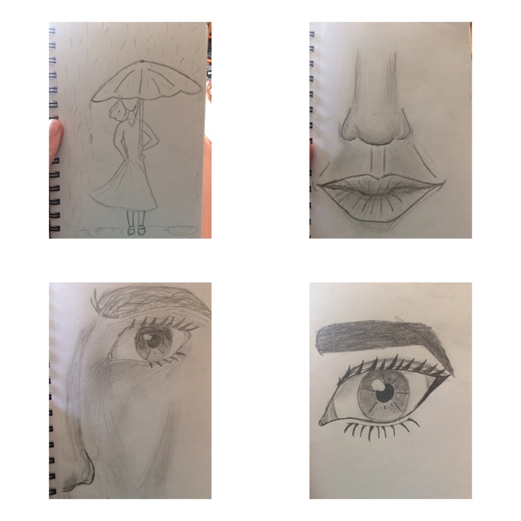 4 first drawings in my sketchbook, sorry they're so bad. What even is the rain one asdjsksjen