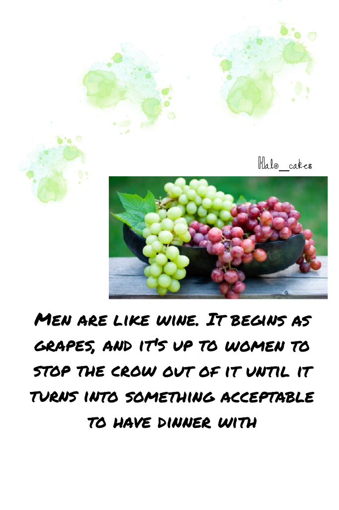 Men are like wine. It begins as grapes, and it's up to women to stop the crow out of it until it turns into something acceptable to have dinner with