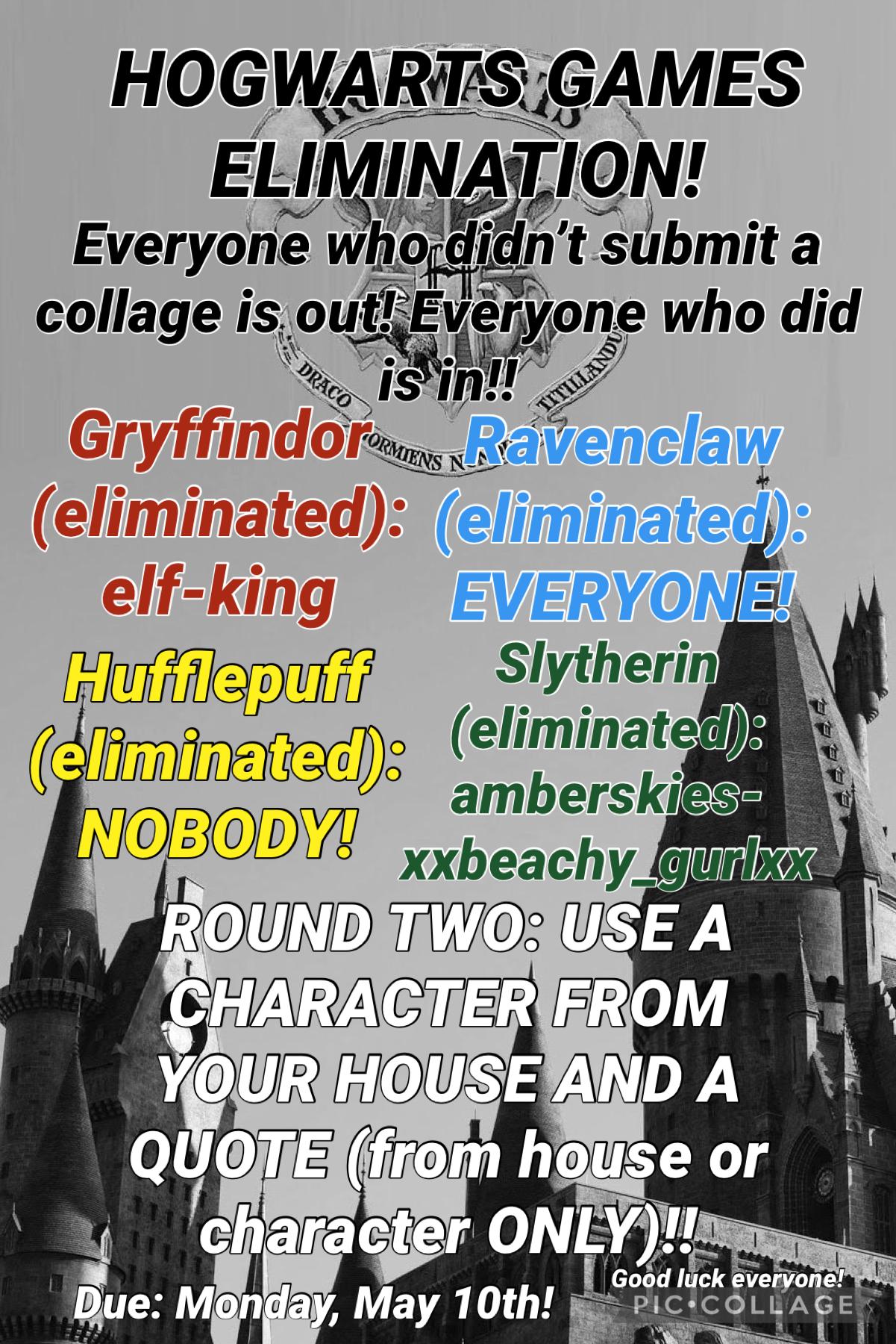 Round 1 done, Round 2 up! 
Sorry if you were eliminated! 
Good luck 