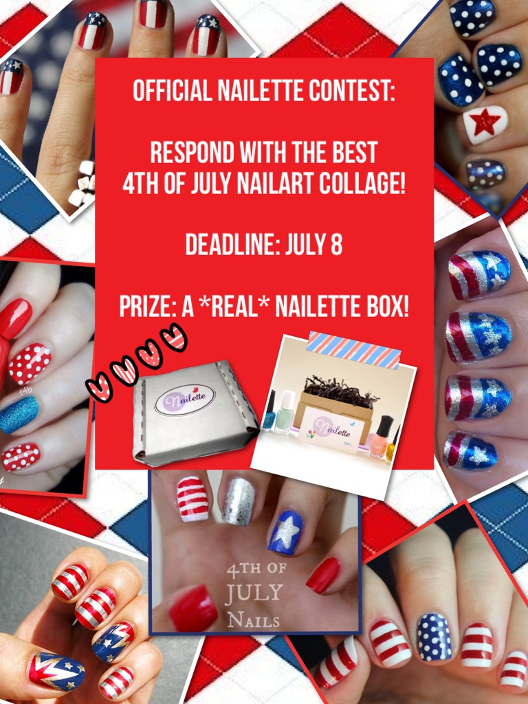 OFFICIAL NAILETTE CONTEST:

Respond with the best 
4th of July nailart collage!

deadline: July 8

prize: a *real* Nailette box!




