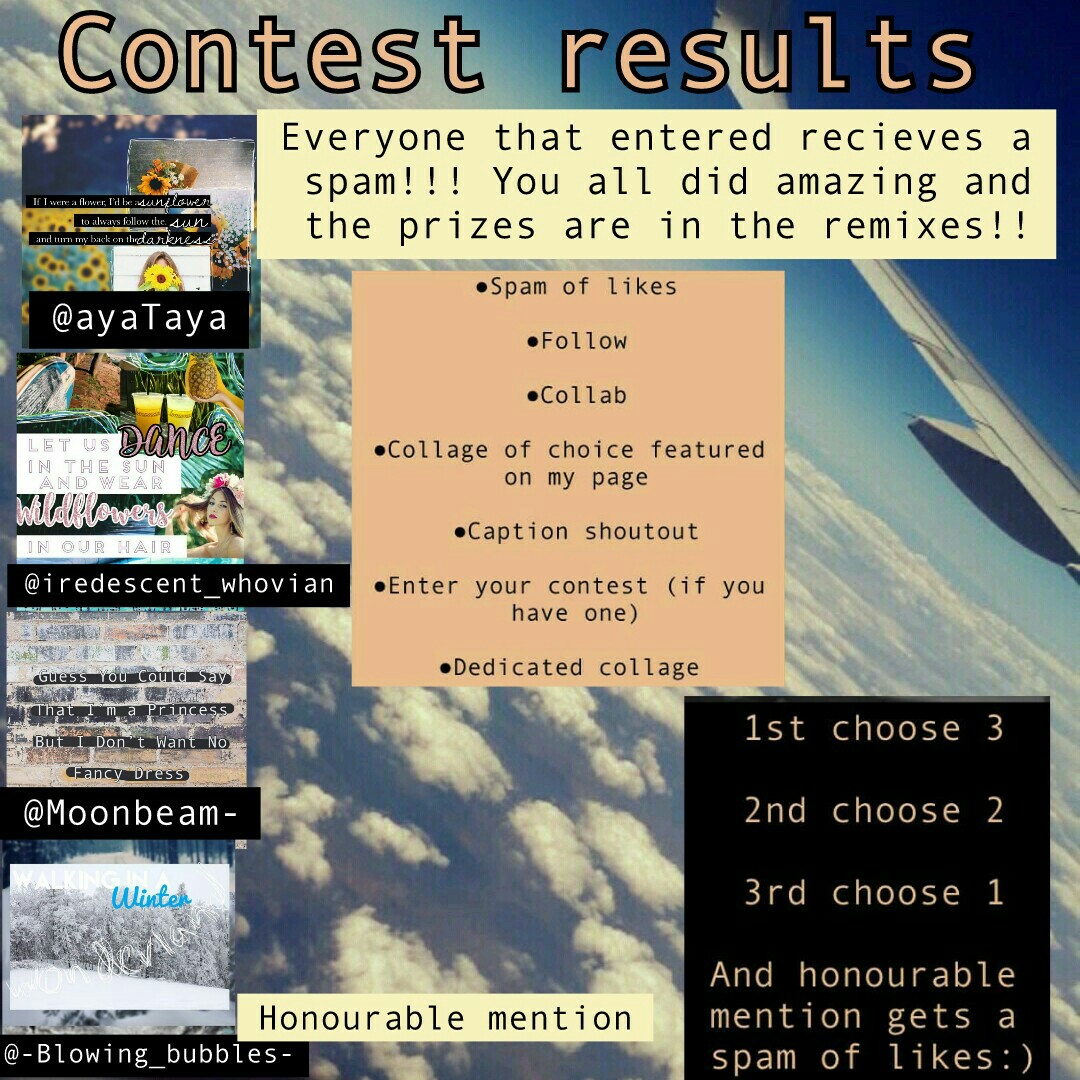 this contest winner sheet was rushed so im sorry but anyway remix the prizes you want if you won😊