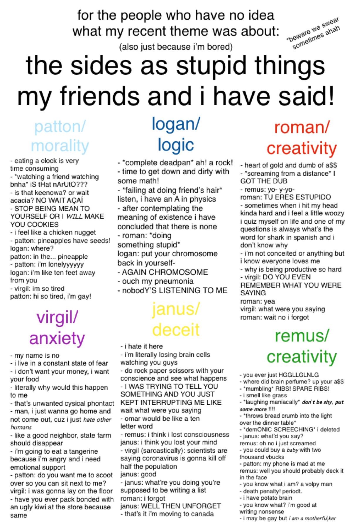 tag yourself i’m virgil and janus HAHA
anyways i made this cuz i got bored but also cuz i wanted to sort of explain who the sides were since my recent theme was based on them:) comments!