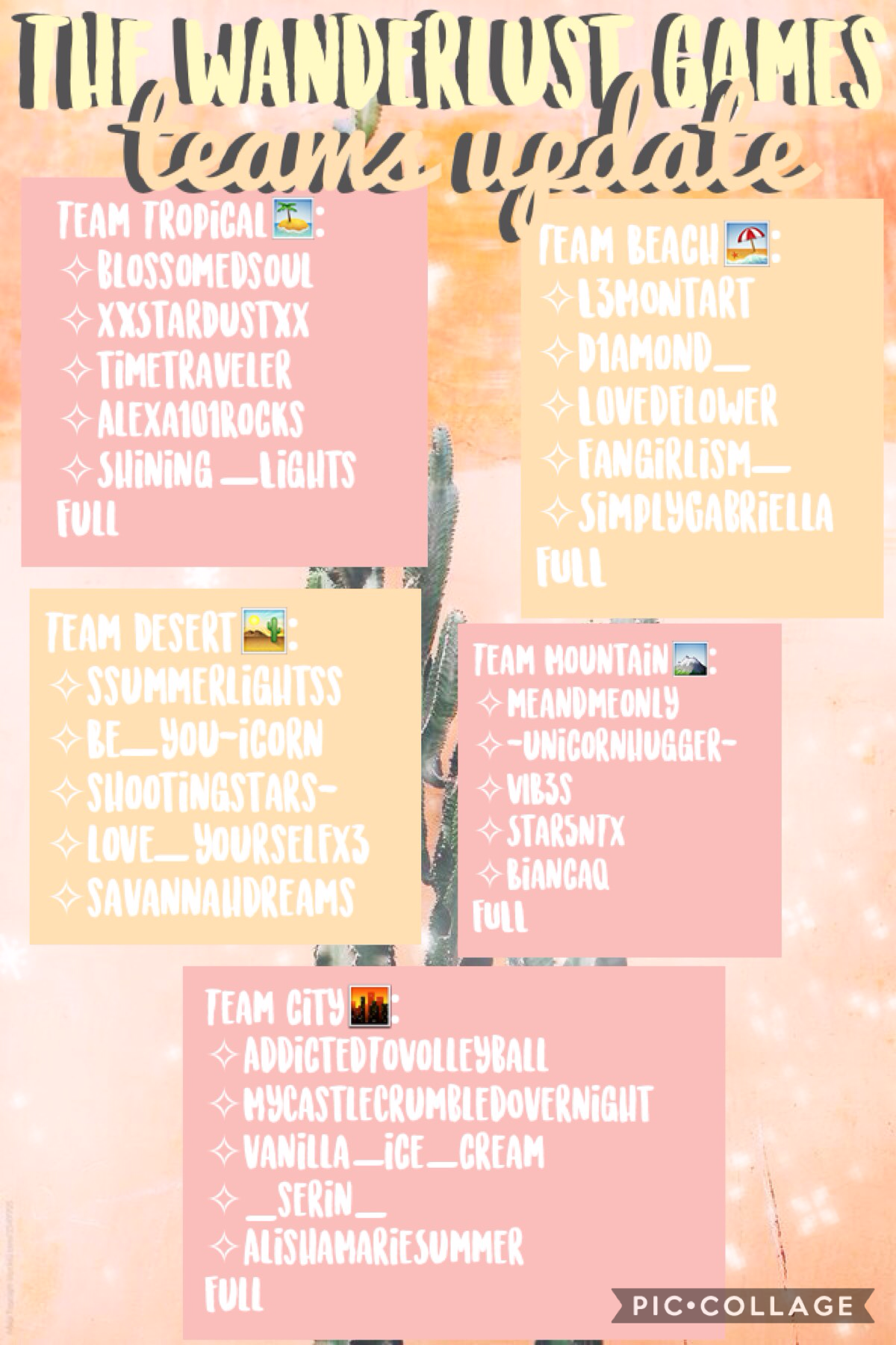 THE FINAL TEAMS. I am thinking about opening up a new team called Team Ocean so let me know if you aren't already signed up but would like to join.