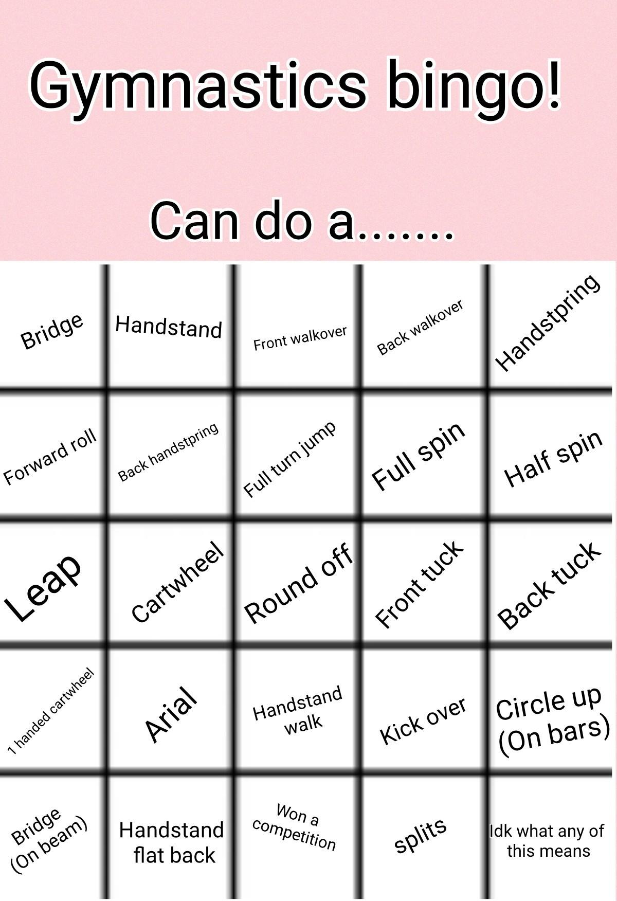 Gymnastics bingo so I can see what level everyone is at