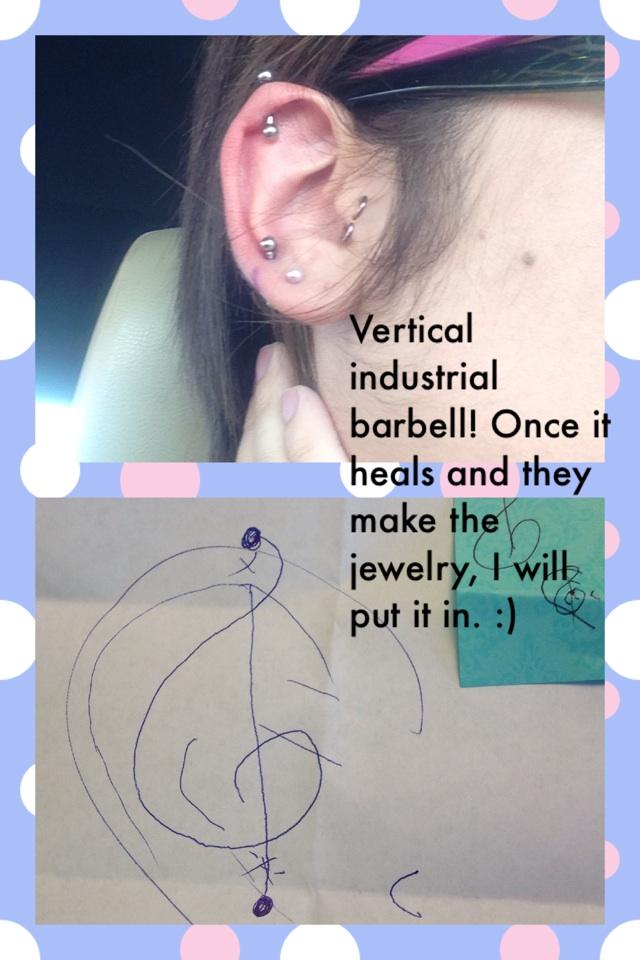 Vertical industrial barbell! Once it heals and they make the jewelry, I will put it in. :) 