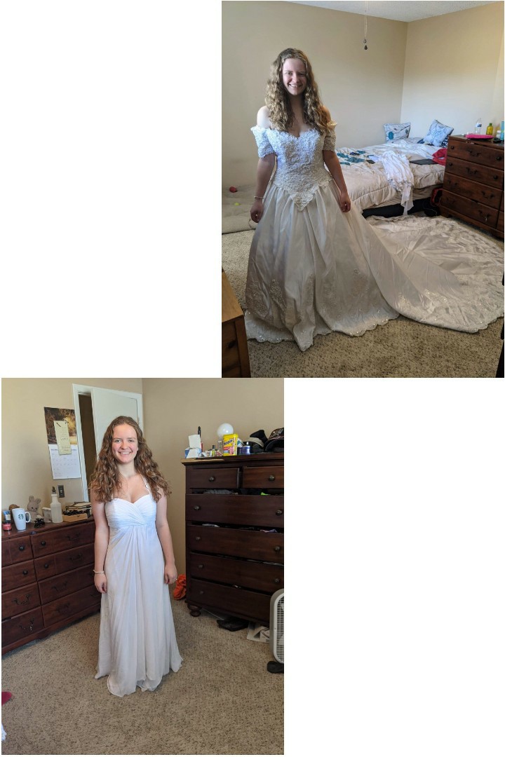 my mom let me try on her wedding dresses (top one is from when she married my dad, bottom one is from when she married my stepdad), I'm shopping for my dress this weekend :)